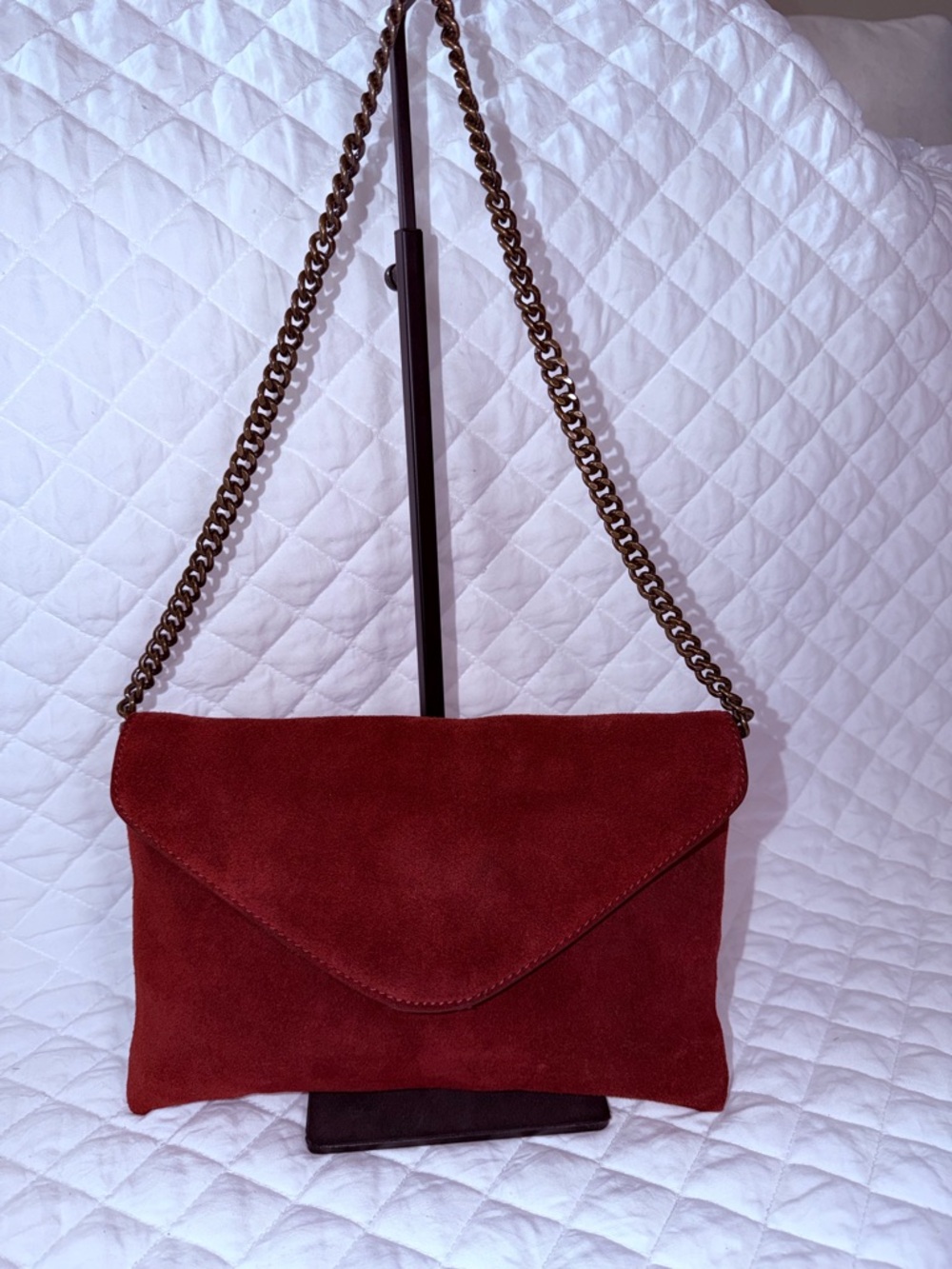 J Crew Red Suede Envelope Shoulder Bag with Chain Strap